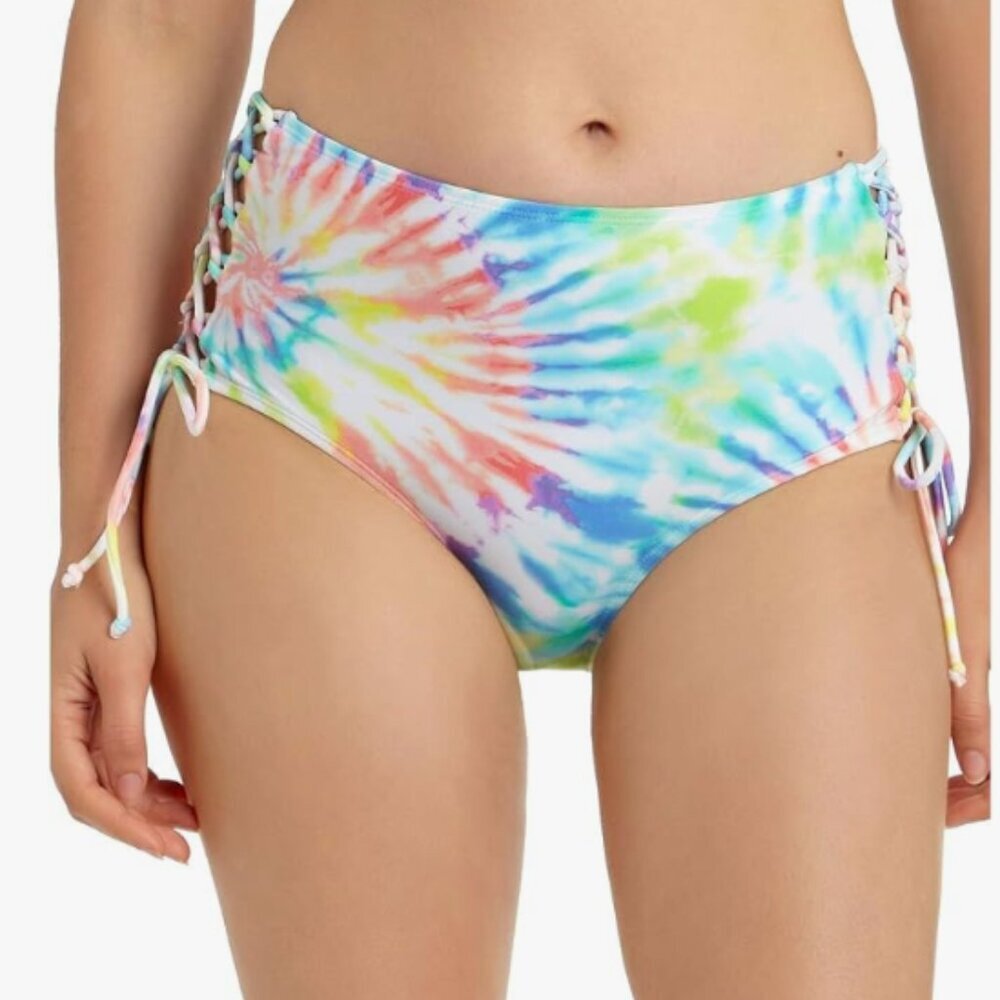 California Waves Juniors' Tie-Dye Printed Lace-Up High-Waist Bikini Swim Bottom.